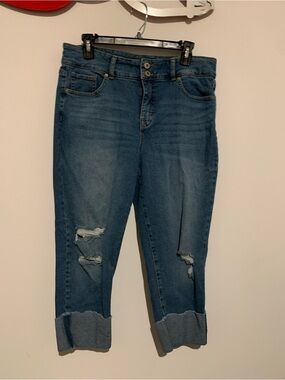 Style & Co. Distressed Cropped Jeans in Blue with Cuffed Hems